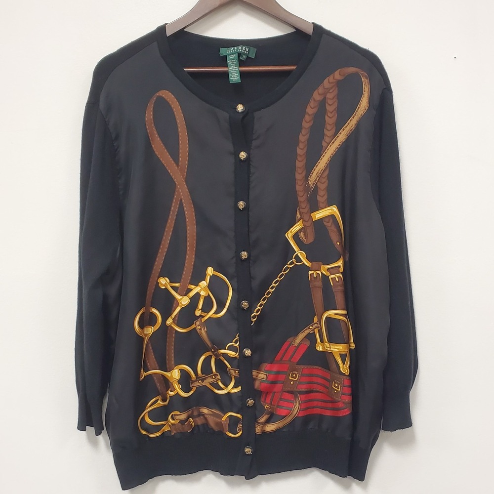 Lauren Ralph Lauren Womens Equestrian Cashmere Silk Cardigan Size 3X Black Horse